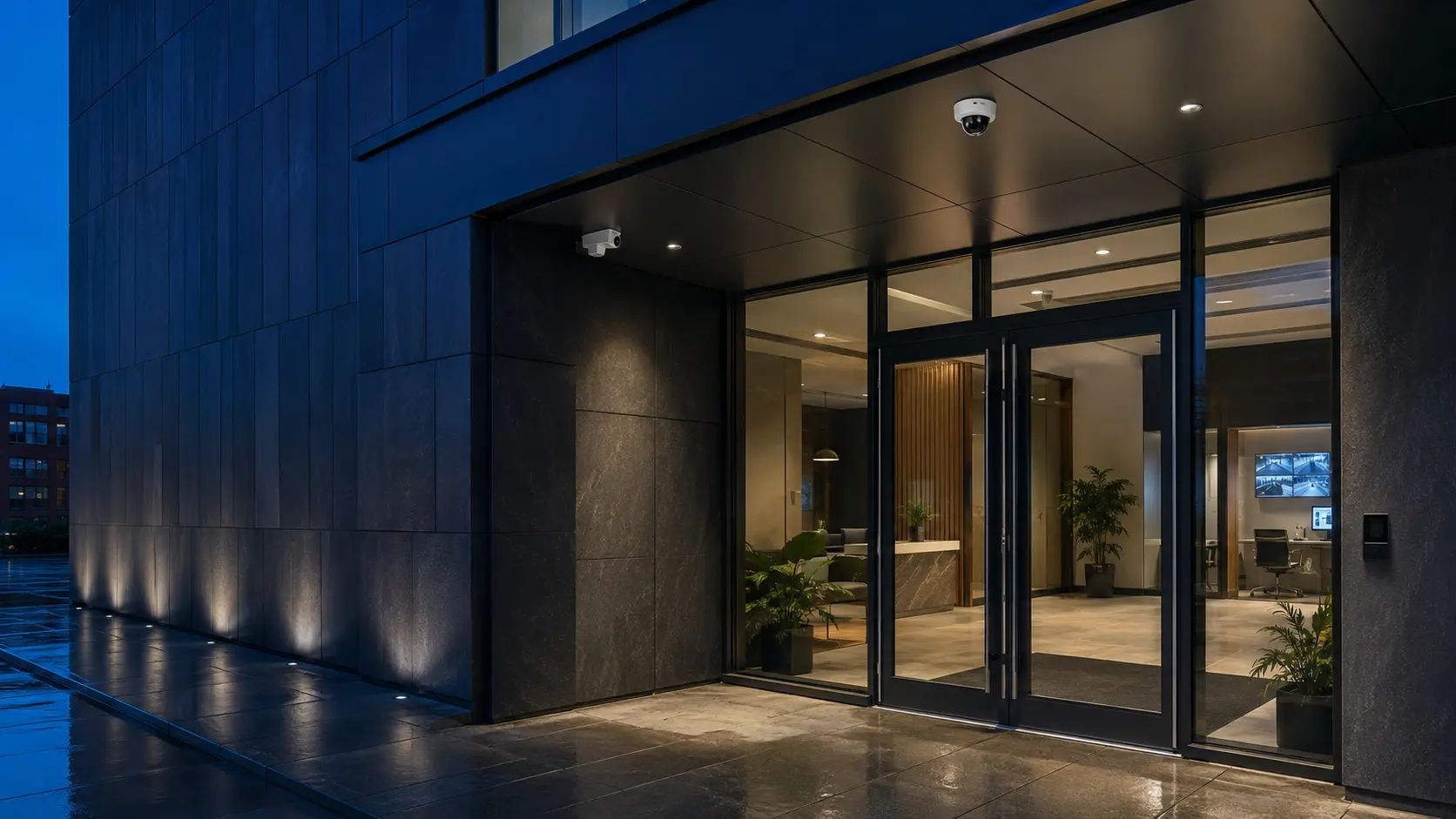 Modern secured commercial entrance with surveillance cameras and access control